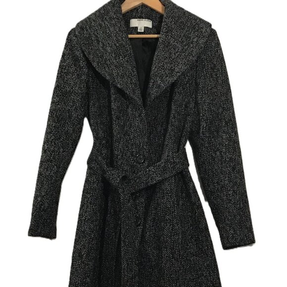 Anne Klein Full‑Length Belted Wool Blend Tweed Coat – Black/White, Size M - Picture 4 of 6